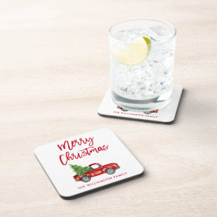 Red Brush Script Vintage Truck Christmas Tree Beverage Coaster