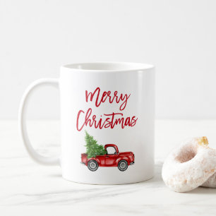 Red Brush Script Vintage Truck Christmas Tree Coffee Mug