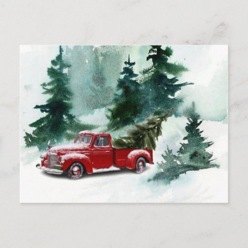  Red Brush Script Vintage Truck Christmas Tree Holiday Postcard