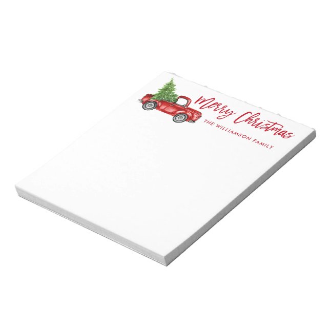 Red Brush Script Vintage Truck Christmas Tree Notepad (Rotated)