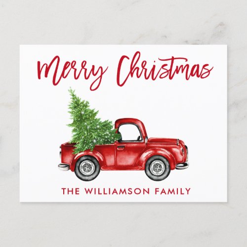 Red Brush Script Vintage Truck Christmas Tree Postcard