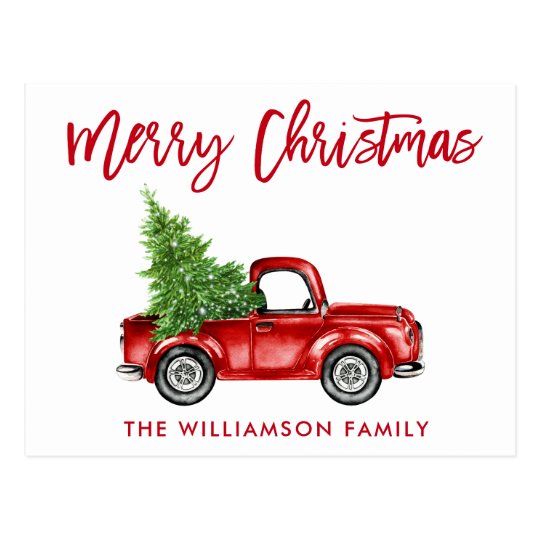 Red Brush Script Vintage Truck Christmas Tree Postcard
