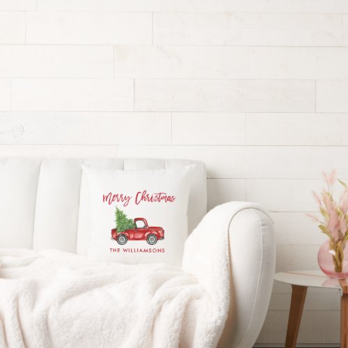 Red Brush Script Vintage Truck Christmas Tree Throw Pillow