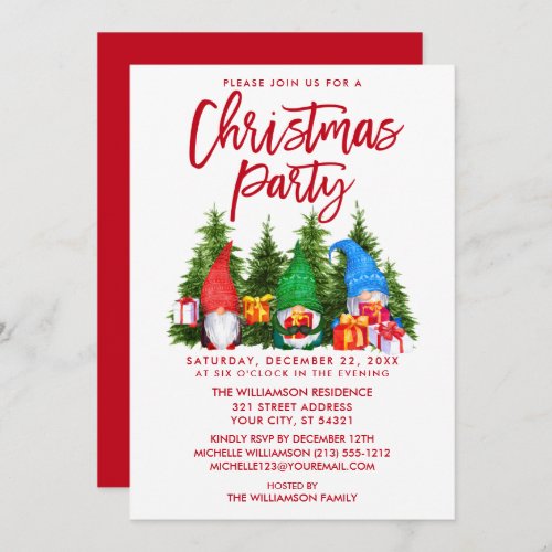 Red Brush Script Watercolor Gnomes Christmas Party Invitation