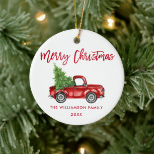 Red Brush Script Watercolor Vintage Red Truck Ceramic Ornament
