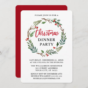 Red Brush Script Watercolor Wreath Christmas Party Invitation