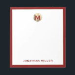 Red Brushed Gold Monogram Notepad<br><div class="desc">Elevate your note-taking game with this luxurious personalized notepad featuring a brushed metallic gold monogram initial at the top and your name in classic typography at the bottom, elegantly framed in red trim. Perfect for jotting down ideas, taking notes or making lists, this notepad makes a great gift for yourself...</div>