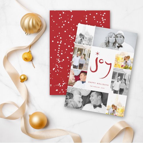 Red Brushed Joy Calligraphy Star 8 Photo Collage Holiday Card