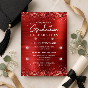 Red Brushed Metal and Glitter Graduation Invitation