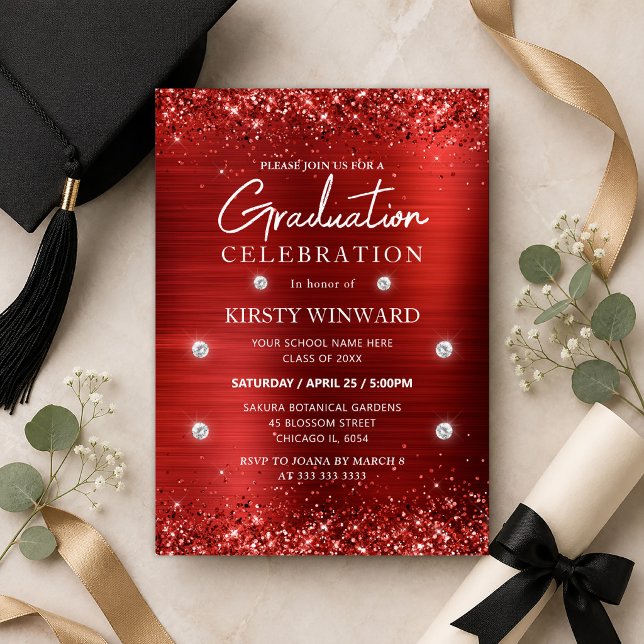 Red Brushed Metal and Glitter Graduation Invitation (Creator Uploaded)