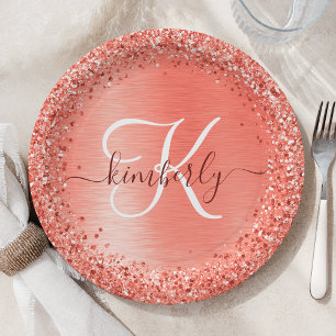 Red Brushed Metal Glitter Monogram Name Paper Plates