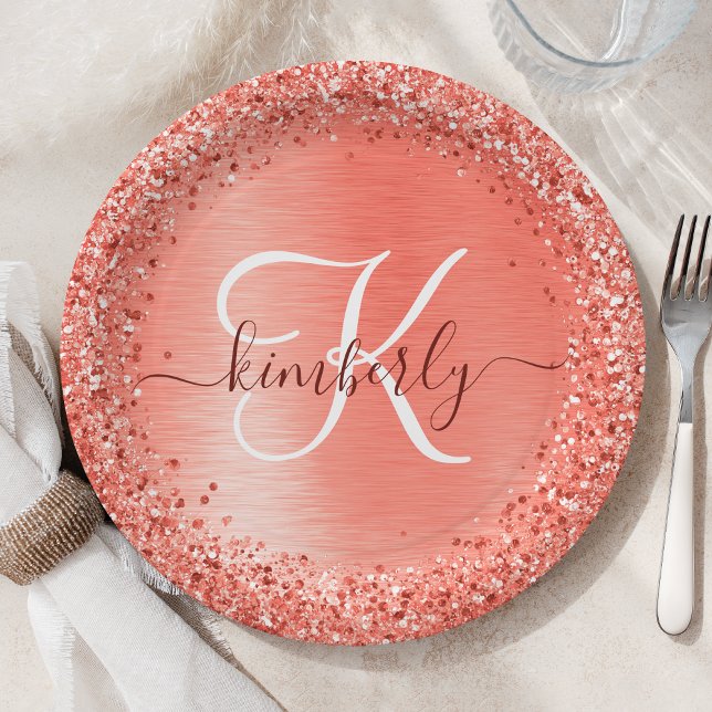 Red Brushed Metal Glitter Monogram Name Paper Plates (Creator Uploaded)