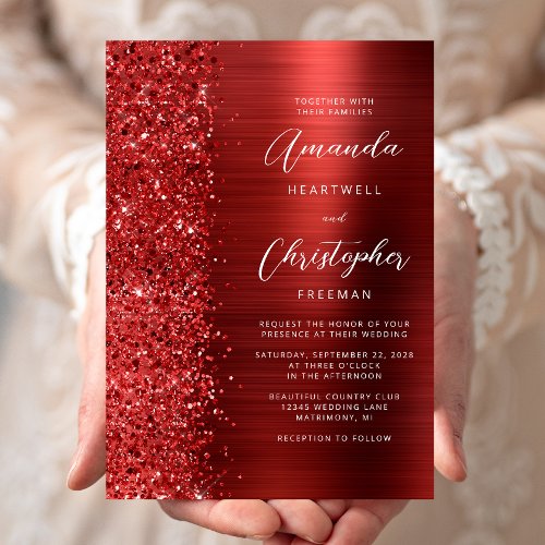 Red Brushed Metal Glitter Script Wedding Invitation