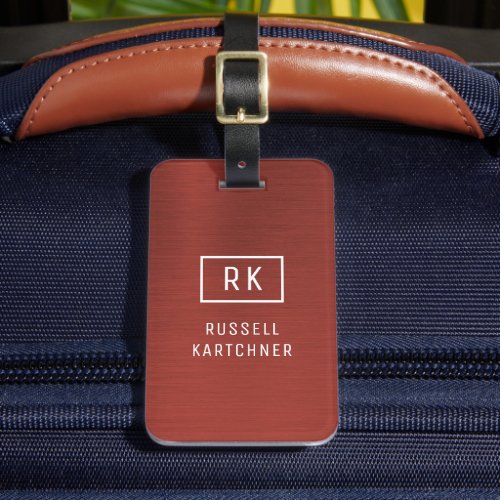 Red Brushed Metal Modern Monogram Luggage Tag