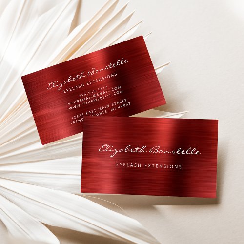 Red Brushed Metal Script Lash Extension Business Card