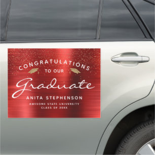 Red Brushed Metal White Script Gold Cap Graduation Car Magnet