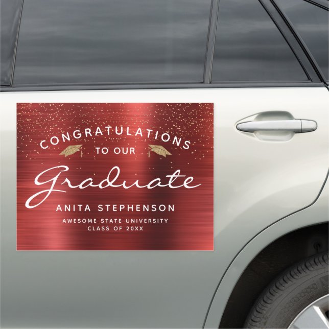 Red Brushed Metal White Script Gold Cap Graduation Car Magnet (In Situ)