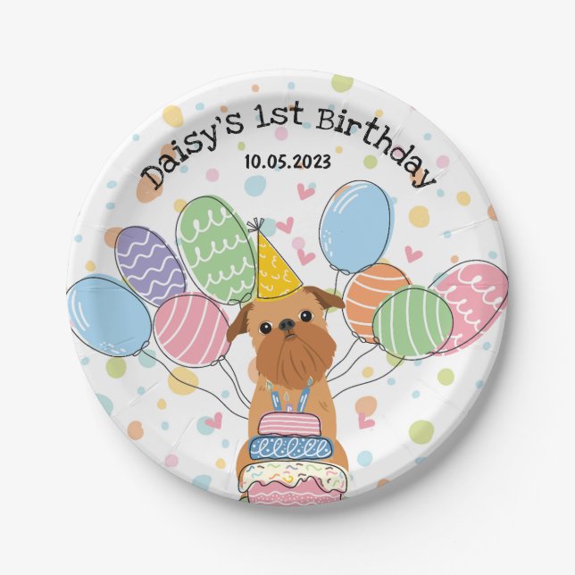 Red Brussels Griffon Dog Birthday Party Paper Plates (Front)
