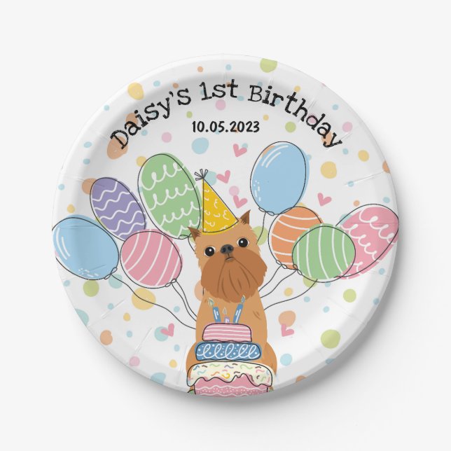Red Brussels Griffon Dog Birthday Party Paper Plates (Front)