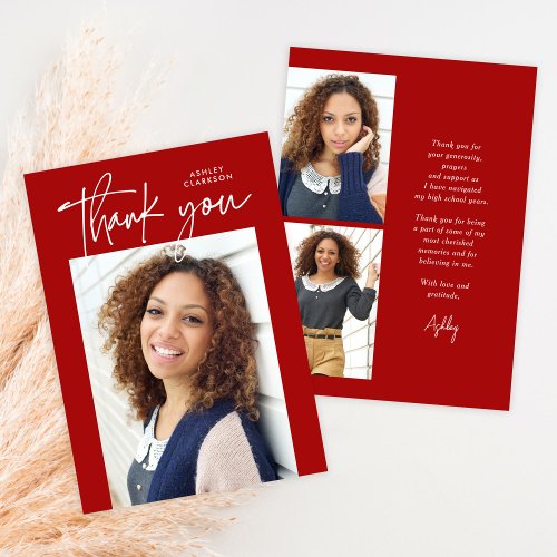 Red Budget Modern Calligraphy Photo Graduation Thank You Card