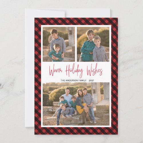 Red Buffalo Check 3 Photo Collage Warm Wishes Holiday Card