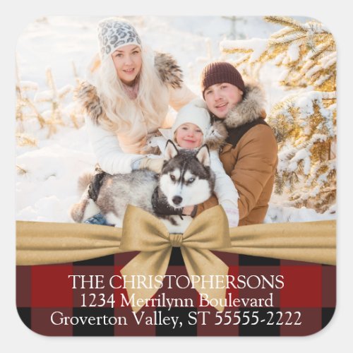 Red Buffalo Check  Bow Photo Return Address Square Sticker