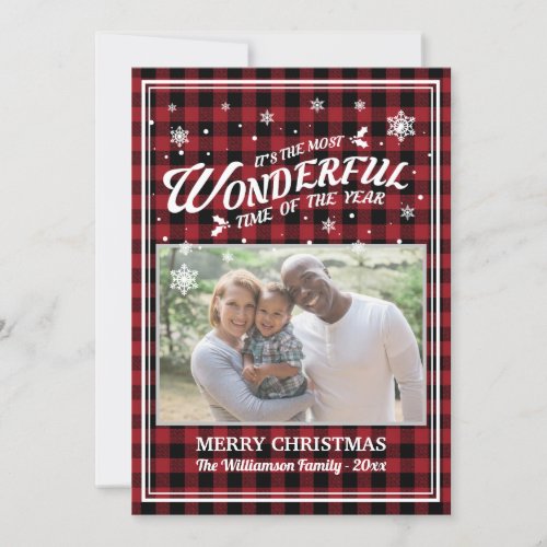 Red Buffalo Check Christmas Photo Greeting Card - Vintage red buffalo plaid pattern and font choice for these lovely Christmas photo greeting cards that are a throwback to yesteryear.