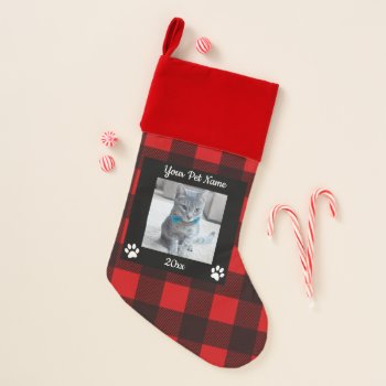 Red Buffalo Check Country Pet Cat Photo Name Christmas Stocking by ChristmasCardShop at Zazzle
