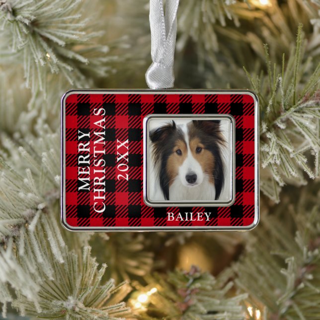 Red Buffalo Check Dog Photo Personalized Christmas Ornament (Tree)