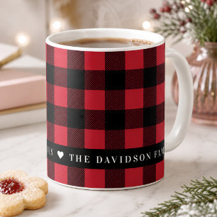 Red Buffalo Check Family Name Monogram Coffee Mug