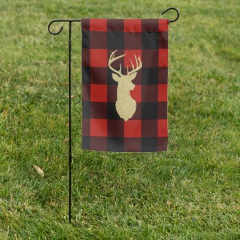 Red Buffalo Check Glitter Deer Garden Flag by coffeecatdesigns at Zazzle