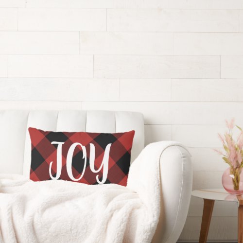 Red Buffalo Check Joy  Farmhouse Holiday Outdoor Lumbar Pillow