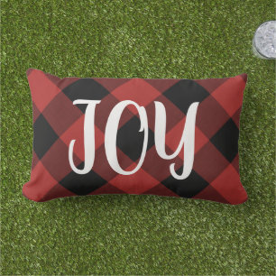 Red Buffalo Check Joy Farmhouse Holiday Outdoor Lumbar Pillow