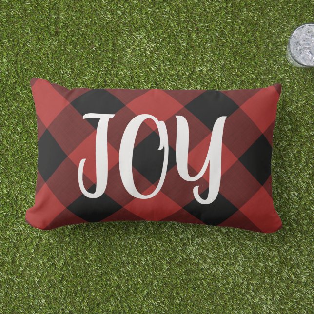 Red Buffalo Check Joy | Farmhouse Holiday Outdoor Lumbar Pillow (Grass)