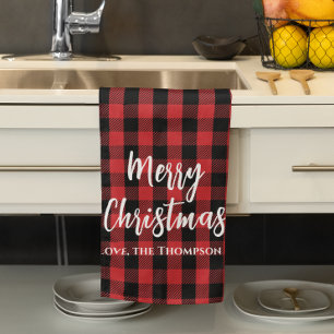 Red Buffalo Check Merry Christmas Custom Kitchen Towel