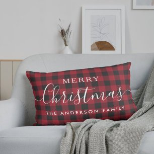Red Buffalo Check Merry Christmas Family Name Lumbar Pillow