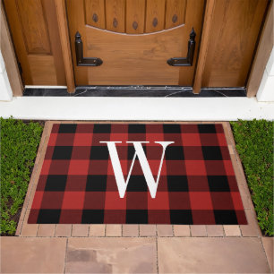 Red Buffalo Check Monogram Holiday Porch Decor Doormat