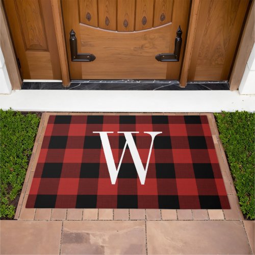 Red Buffalo Check Monogram  Holiday Porch Decor Doormat