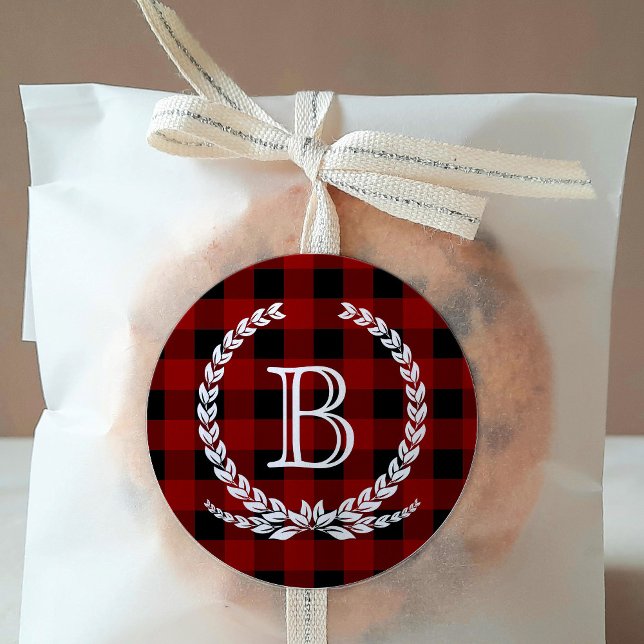 Red Buffalo Check Pattern Monogram Classic Round Sticker (Creator Uploaded)