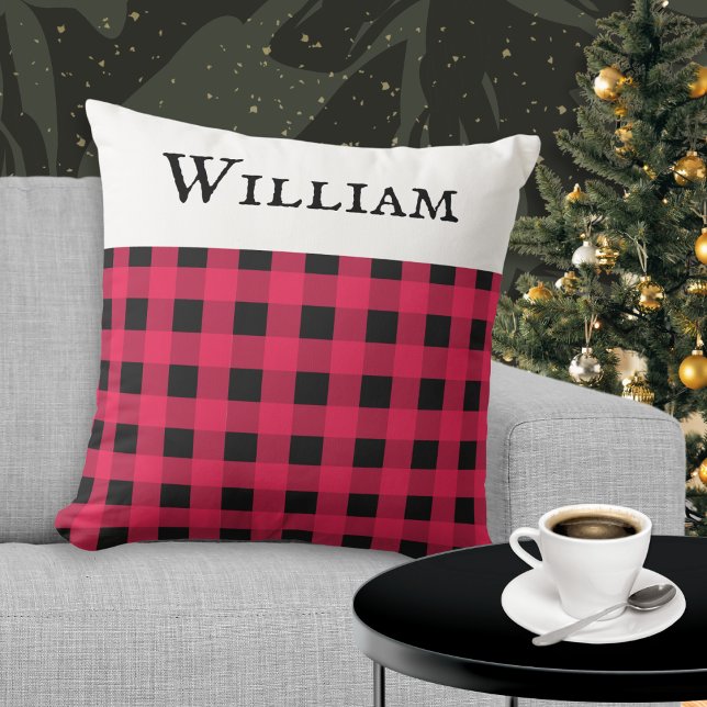 Red Buffalo Check Personalized Christmas  Throw Pillow (A personalized cushion, with red and black buffalo plaid design. Ideal gift for the festive season)