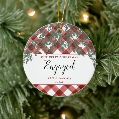 Red Buffalo Check Personalized Couples Engagement Ceramic Ornament