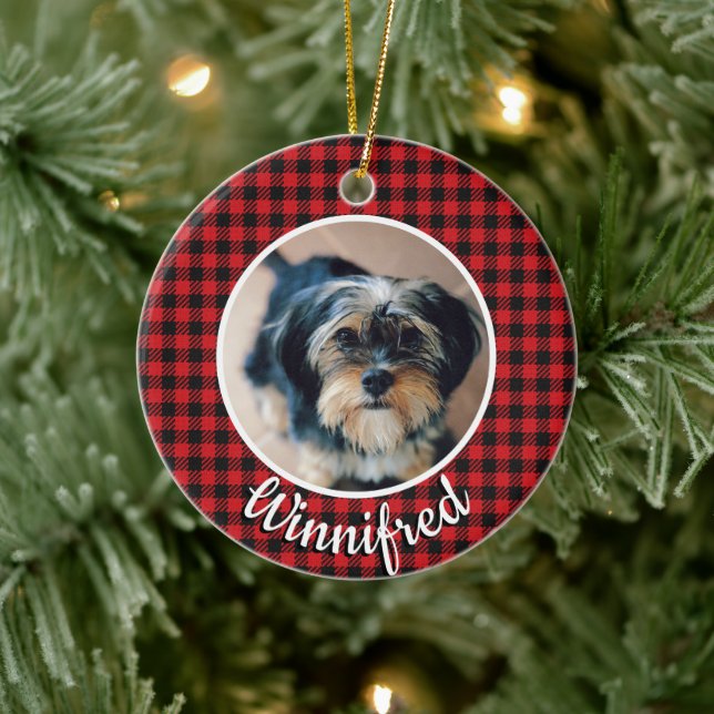 Red Buffalo Check Personalized Pet Photo Christmas Ceramic Ornament (Tree)