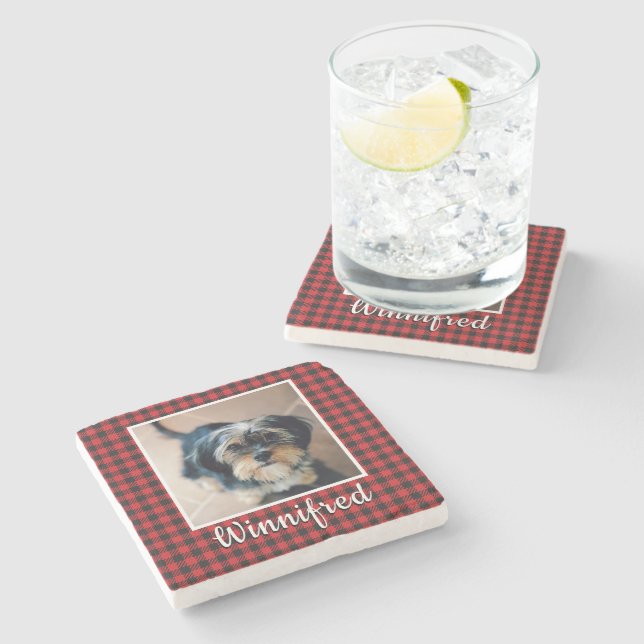 Red Buffalo Check Personalized Pet Photo Christmas Stone Coaster (Side)