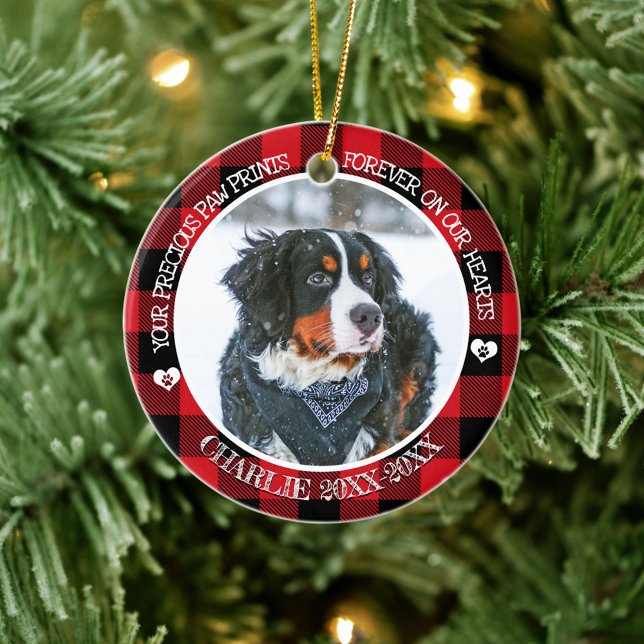 Red Buffalo Check Pet Photo Memorial Porcelain Ceramic Ornament (Creator Uploaded)