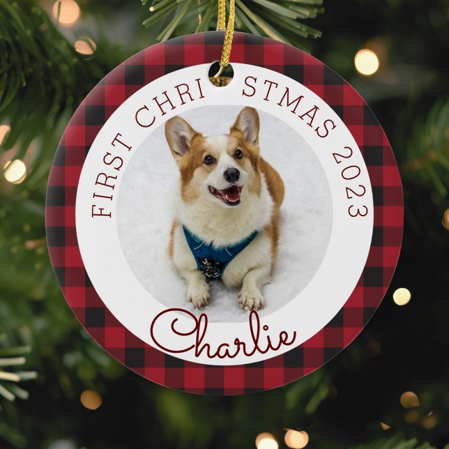 Red Buffalo Check Pet's First Christmas Photo Ceramic Ornament (Creator Uploaded)