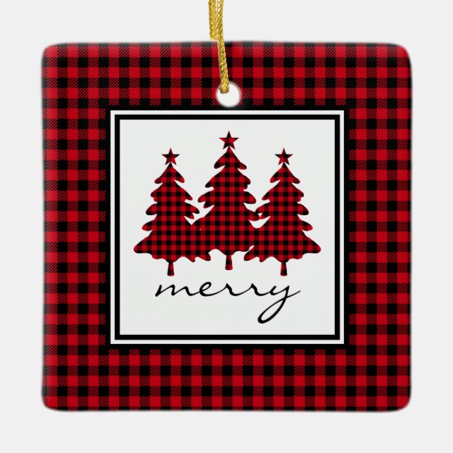 Red Buffalo Check Pine Trees Ceramic Ornament (Front)