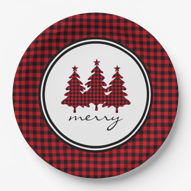 Red Buffalo Check Pine Trees Paper Plates (Front)