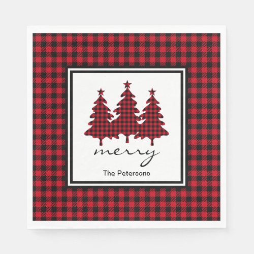 Red Buffalo Check Pine Trees Personalized Napkins