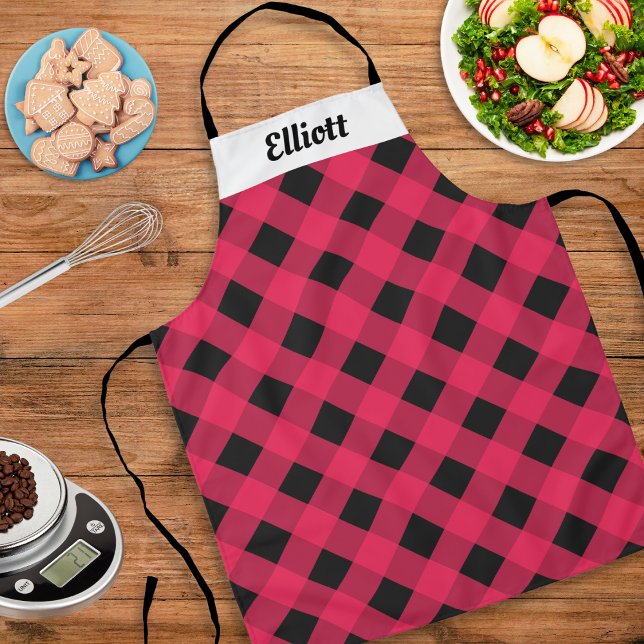 Red Buffalo Check Plaid Custom Modern Kitchen Apron (An eye-catching apron with red buffalo plaid pattern. Personalize with a name at the top)