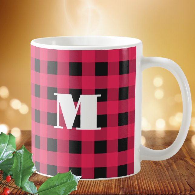 Red Buffalo Check Plaid Custom Monogram Christmas Coffee Mug (A festive mug with red buffalo check pattern, with Merry Christmas one side, monogram the other side)